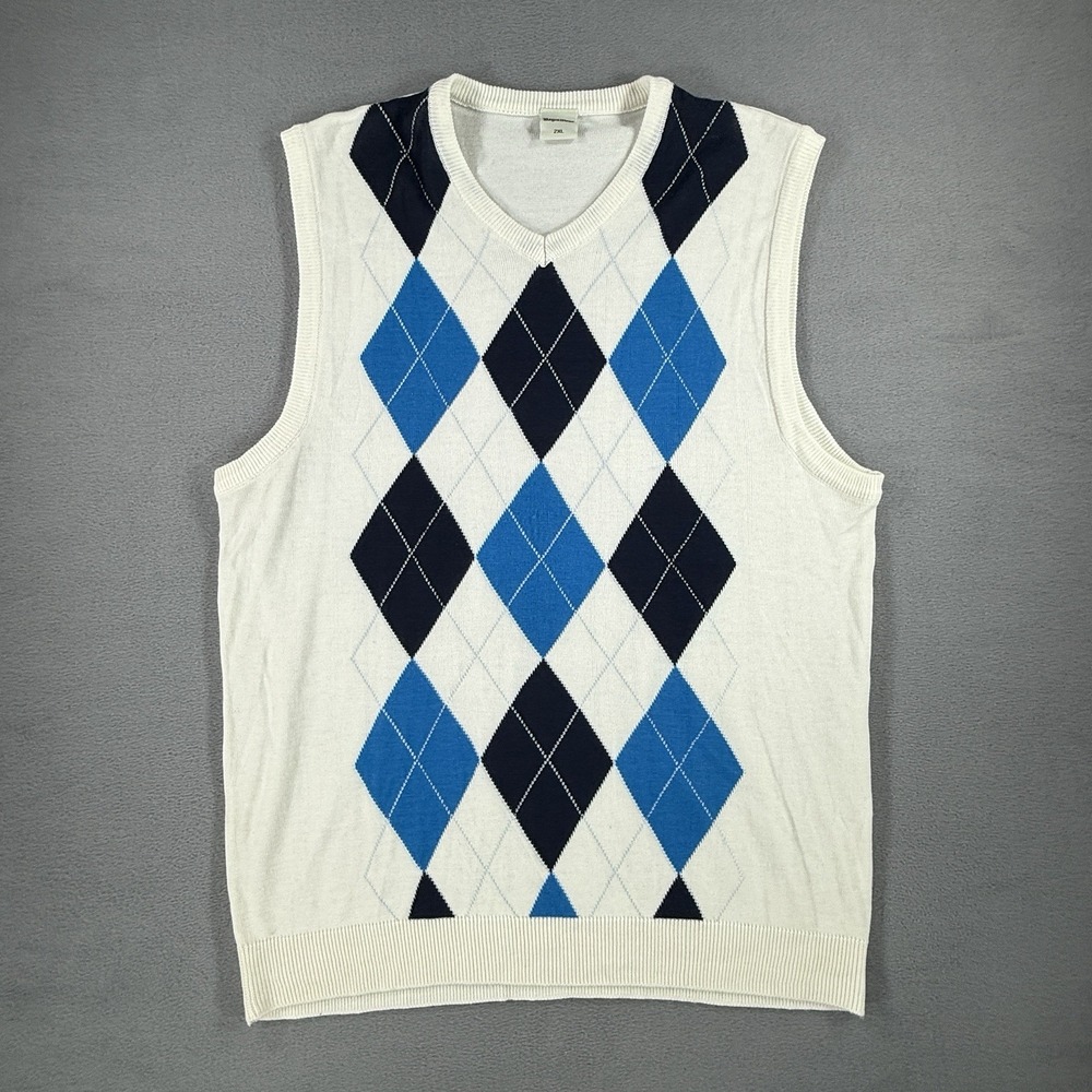 Regal Wear Mens 2XL White Blue Argyle V-Neck Knit Sweater Vest Cotton Classic